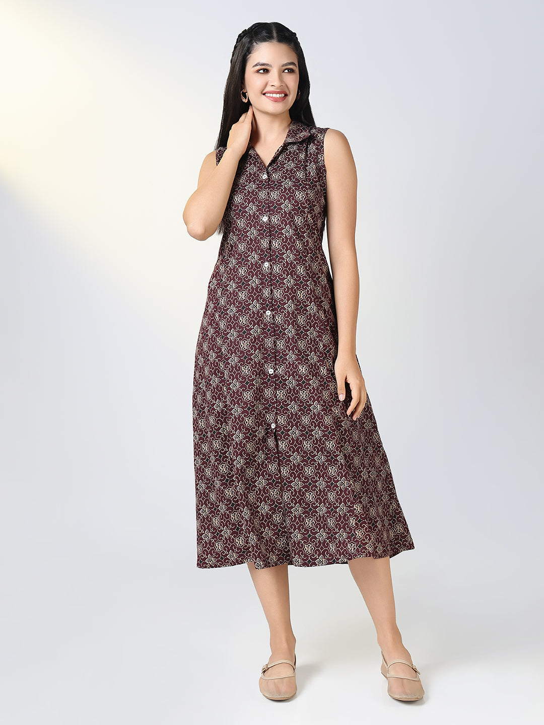 Women Maroon Floral Print Sleeveless A Line Dress