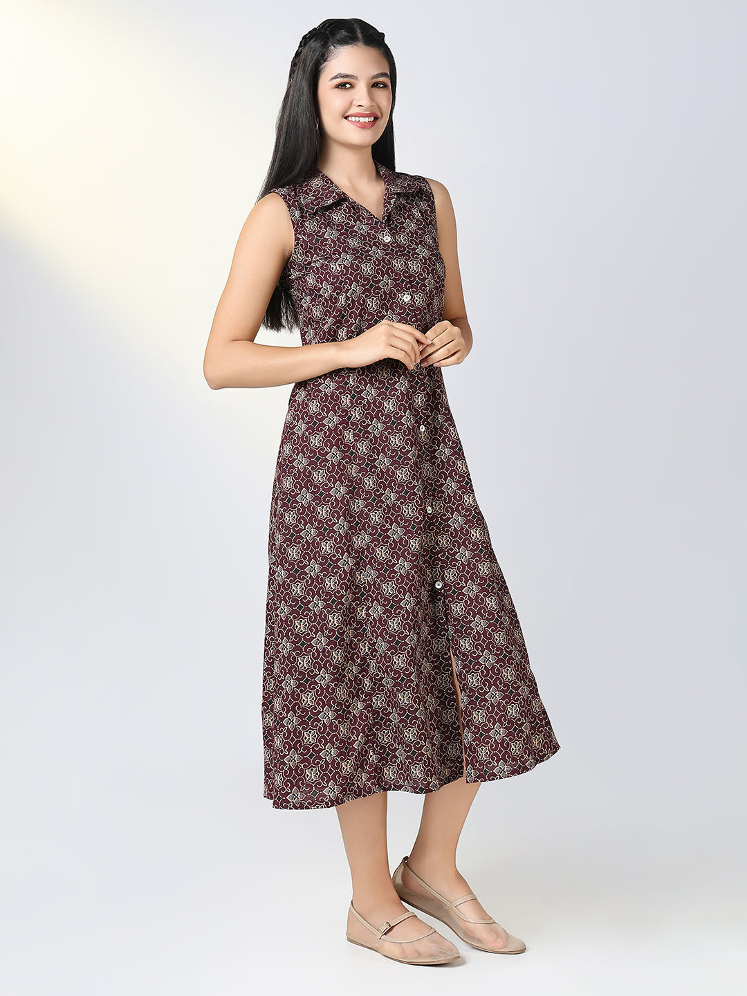 Women Maroon Floral Print Sleeveless A Line Dress