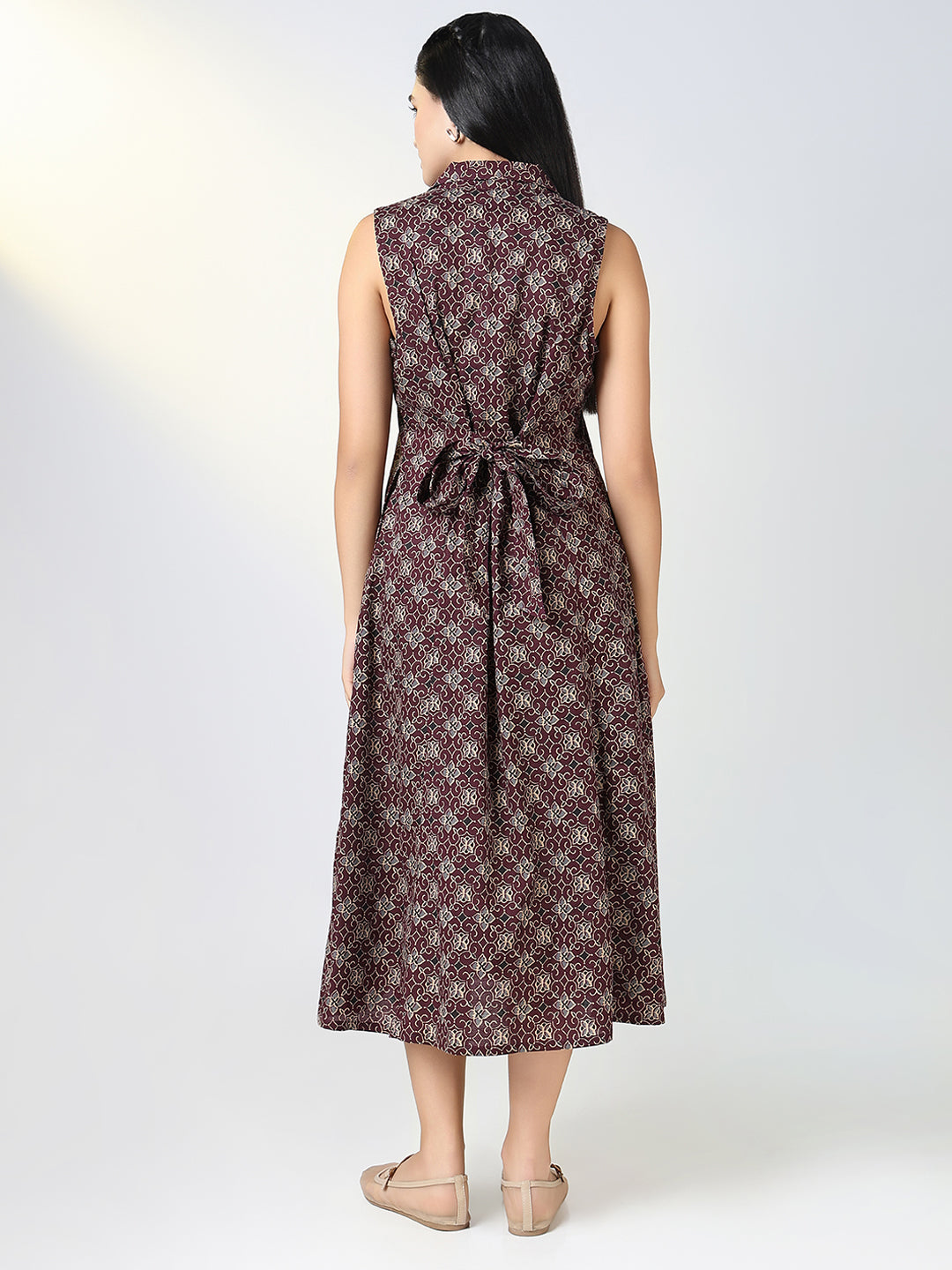 Women Maroon Floral Print Sleeveless A Line Dress