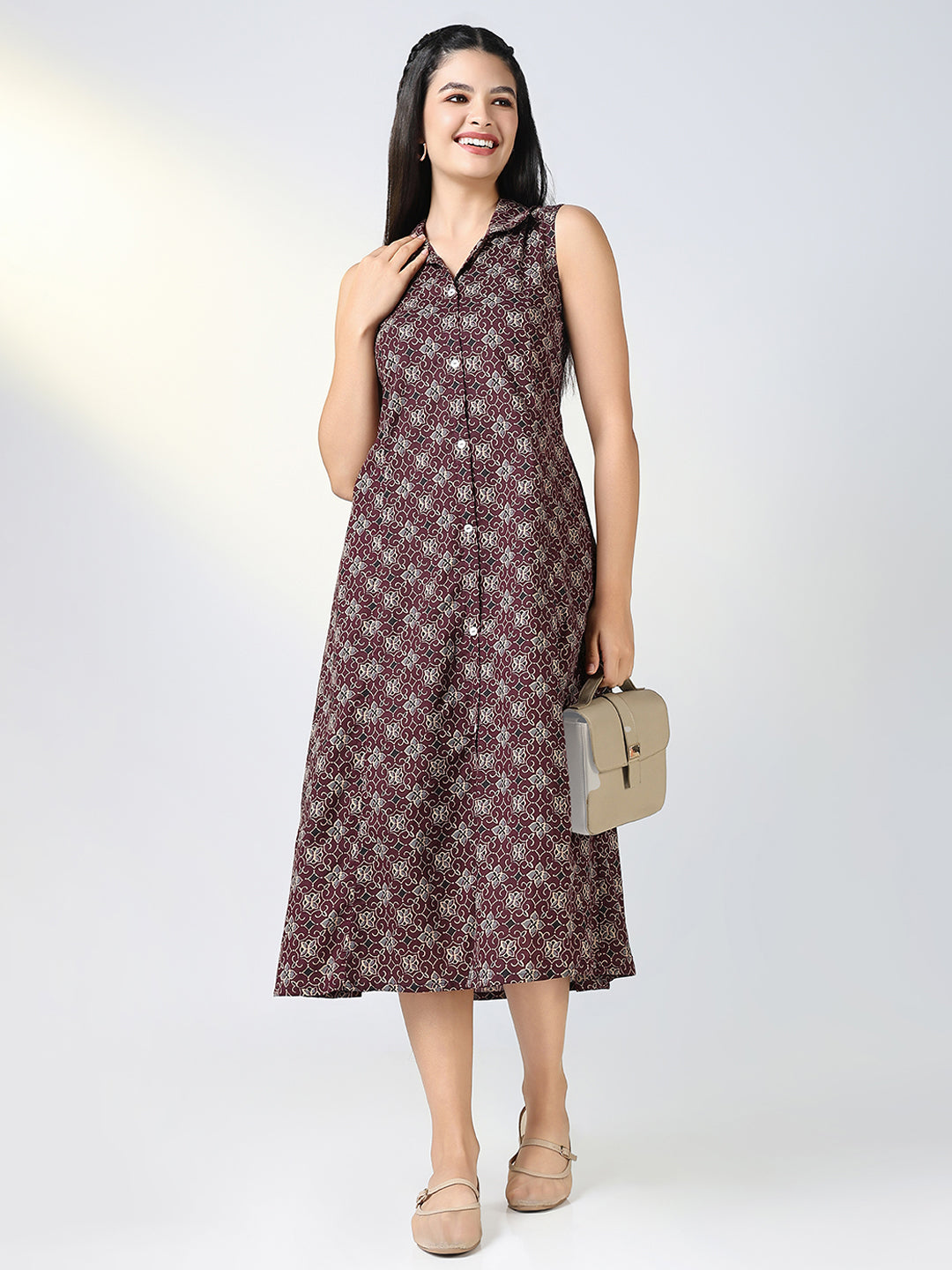 Women Maroon Floral Print Sleeveless A Line Dress