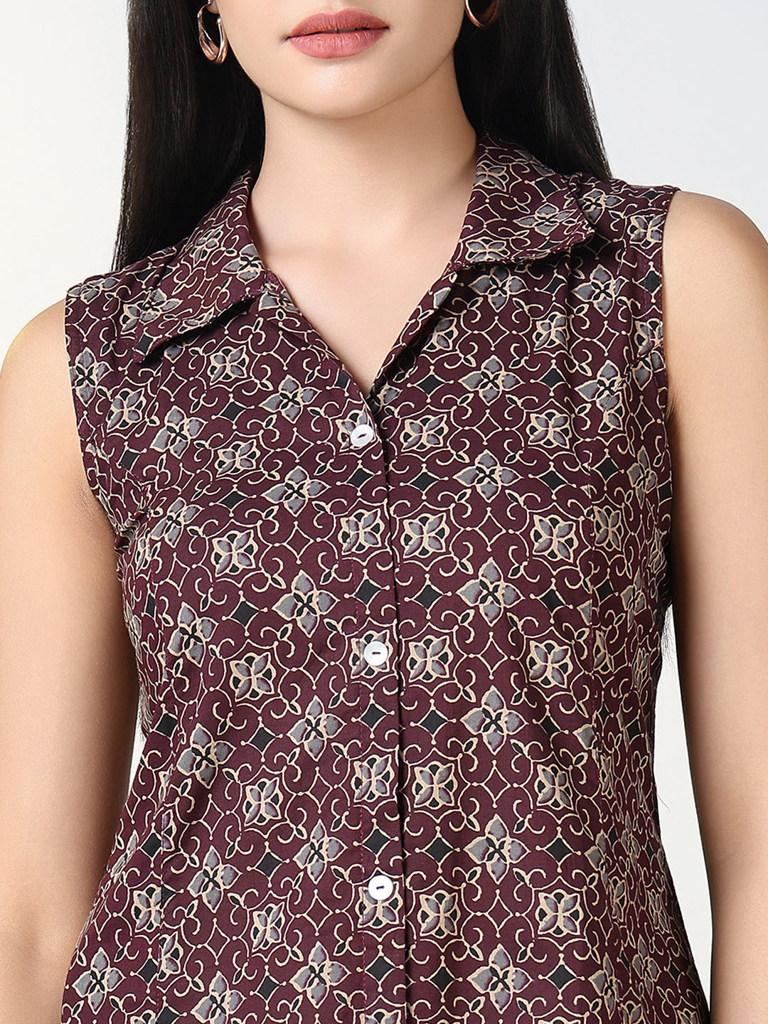 Women Maroon Floral Print Sleeveless A Line Dress