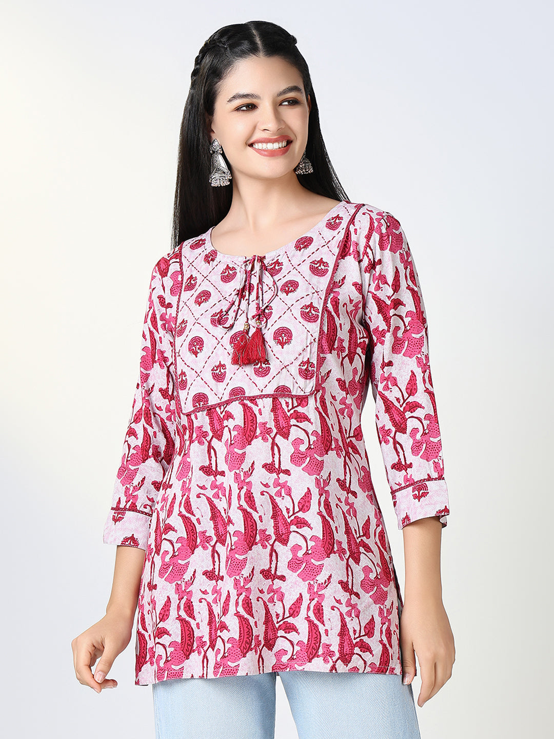 Women Cotton Pink Floral Straight Kurti