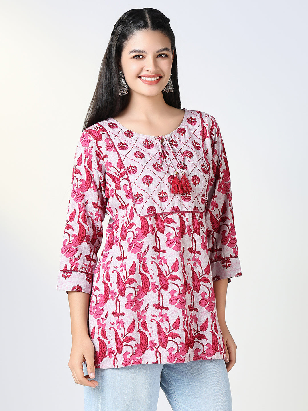 Women Cotton Pink Floral Straight Kurti