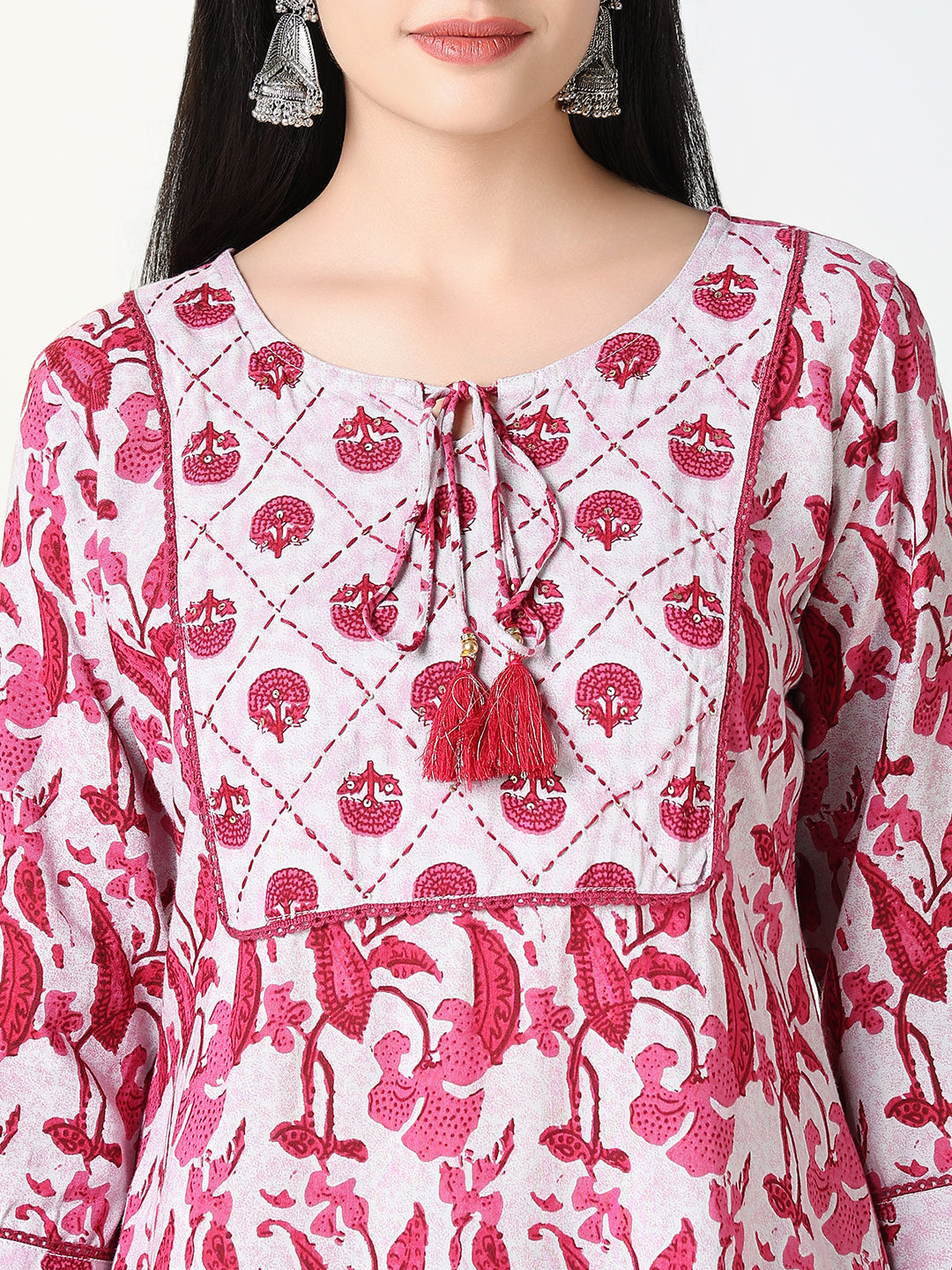 Women Cotton Pink Floral Straight Kurti