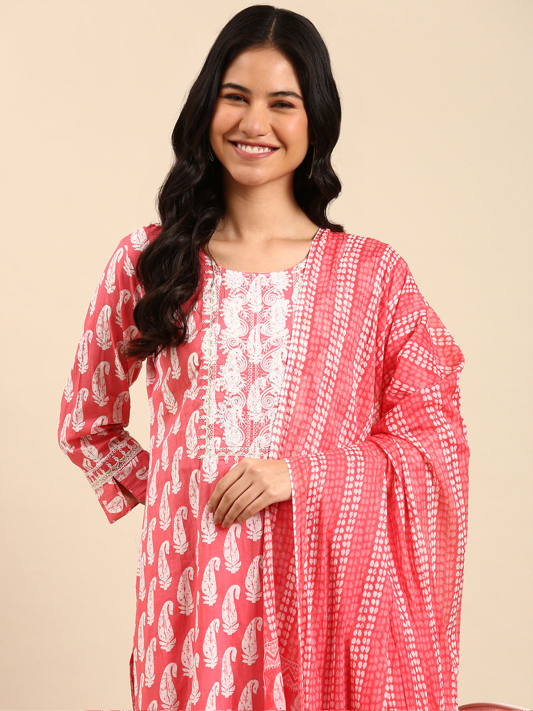 Women Paisley Pink Straight Kurta Set with Dupatta