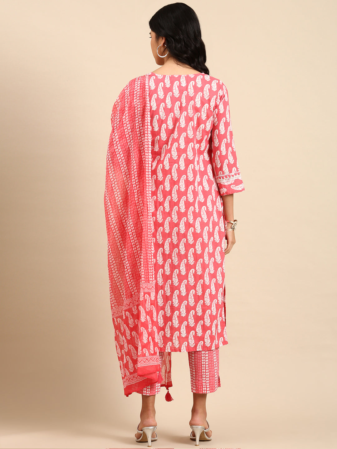 Women Paisley Pink Straight Kurta Set with Dupatta