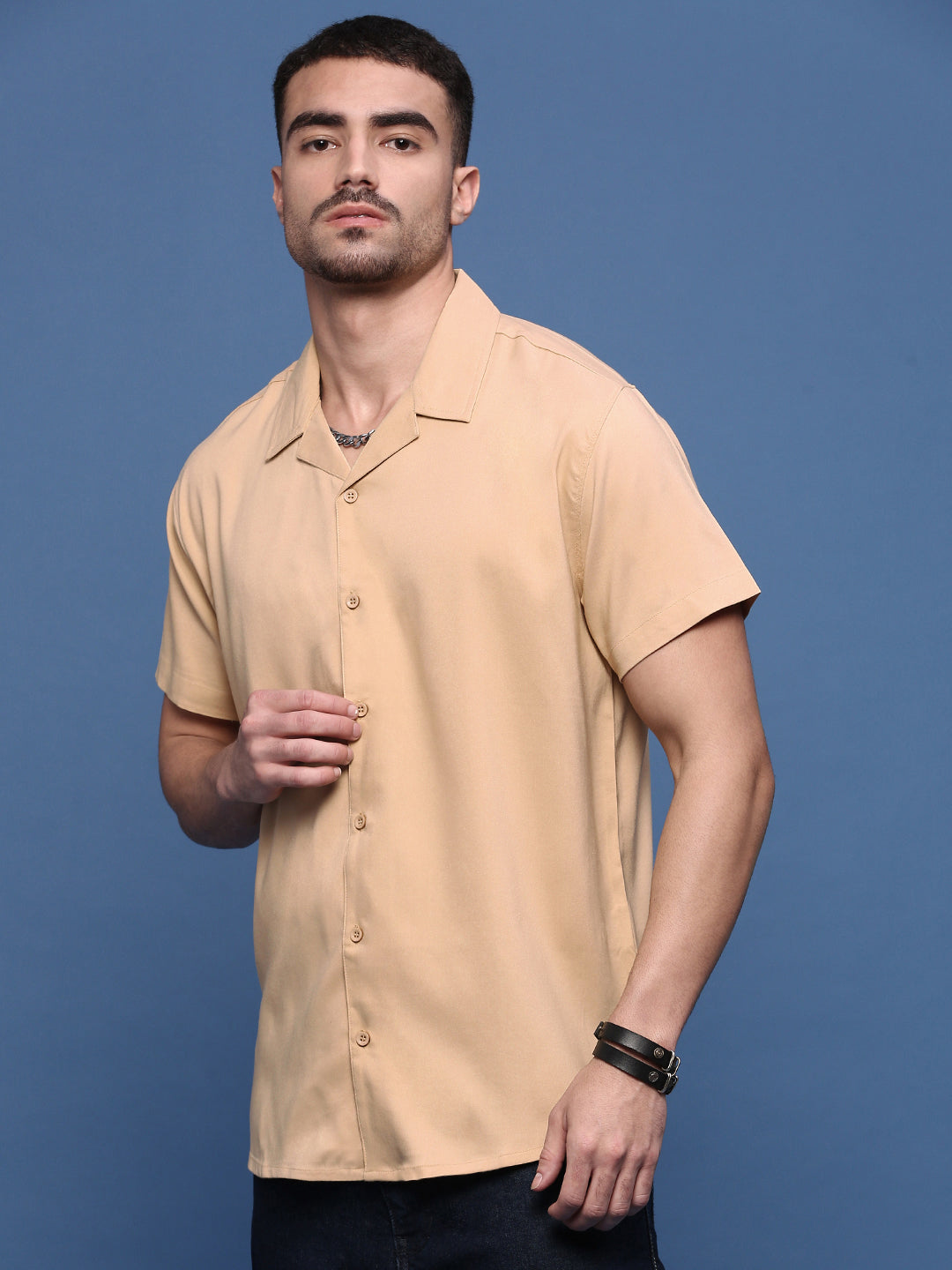 Men Beige Solid Cuban Collar Shirt