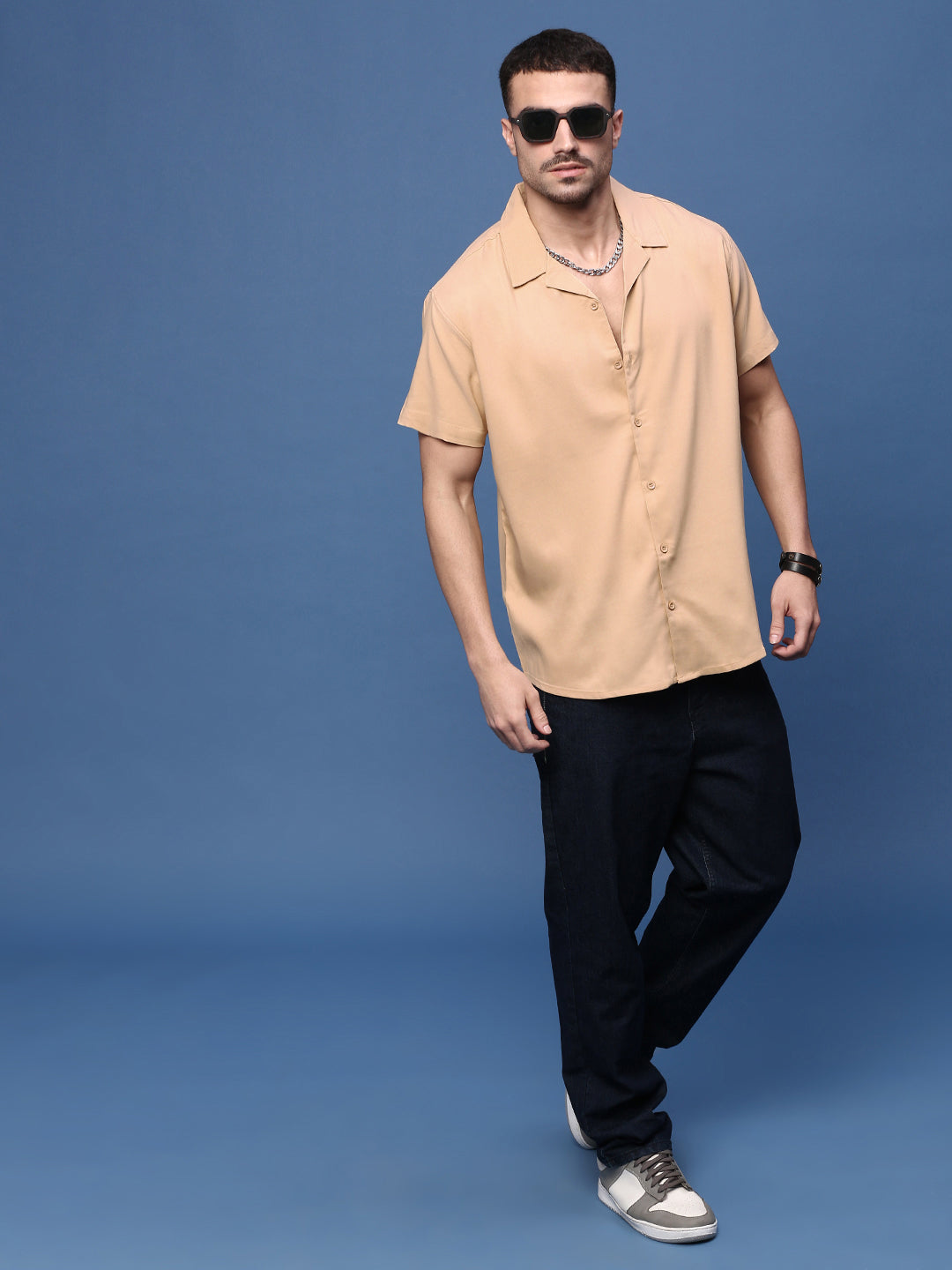 Men Beige Solid Cuban Collar Shirt