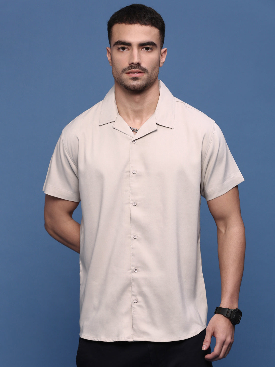 Men Cream Solid Cuban Collar Shirt