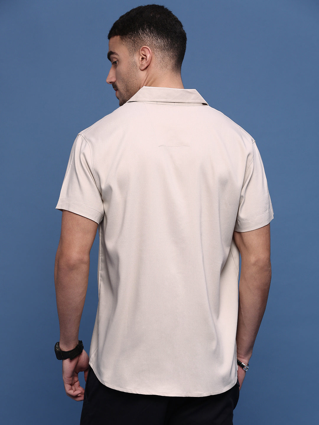 Men Cream Solid Cuban Collar Shirt