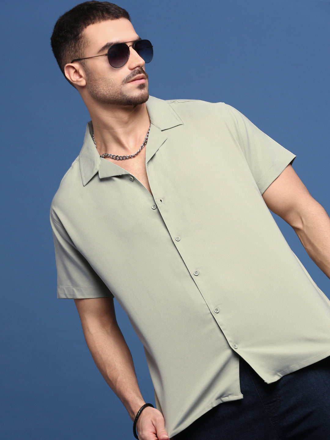 Men Green Solid Cuban Collar Shirt