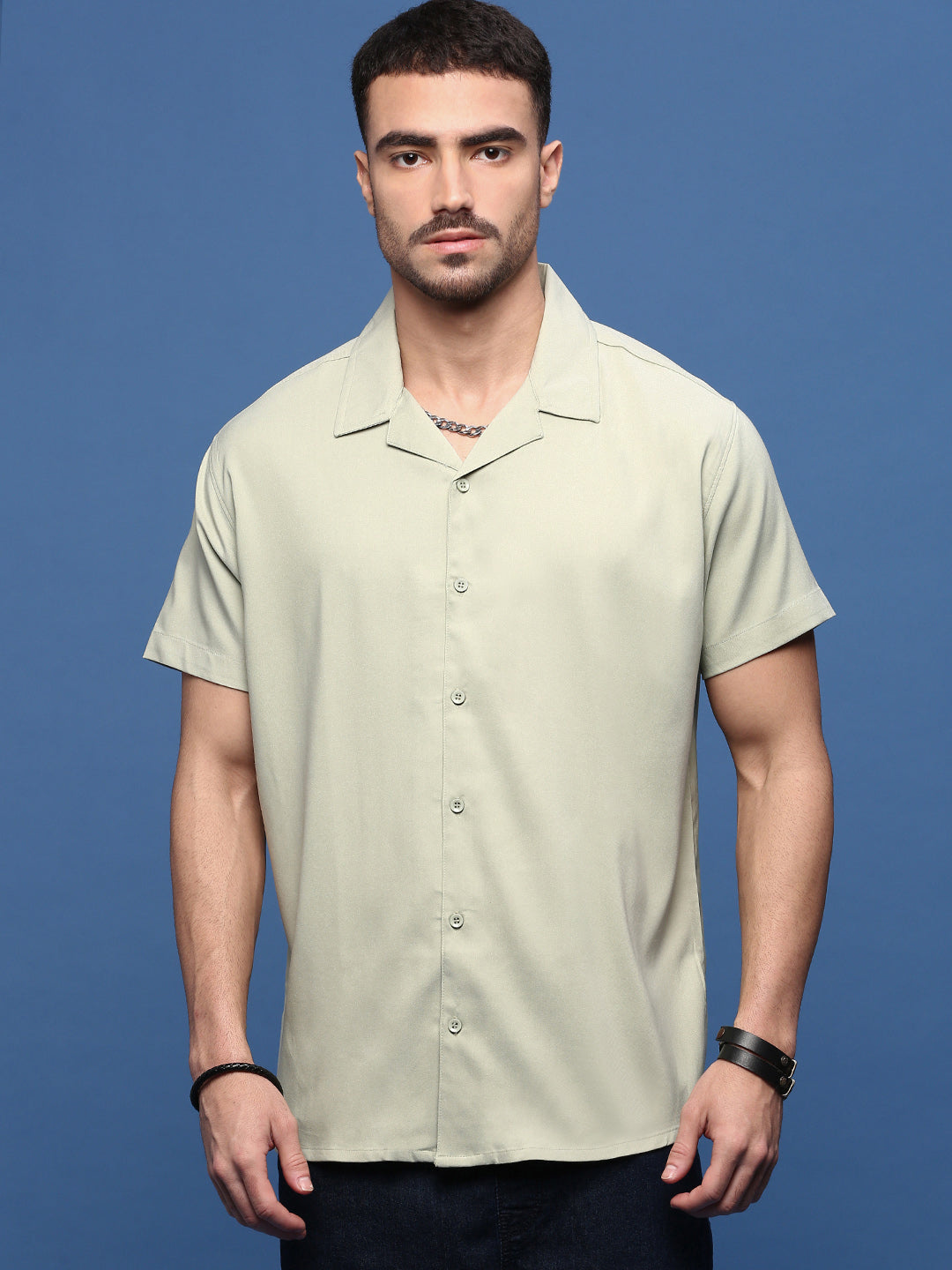 Men Green Solid Cuban Collar Shirt