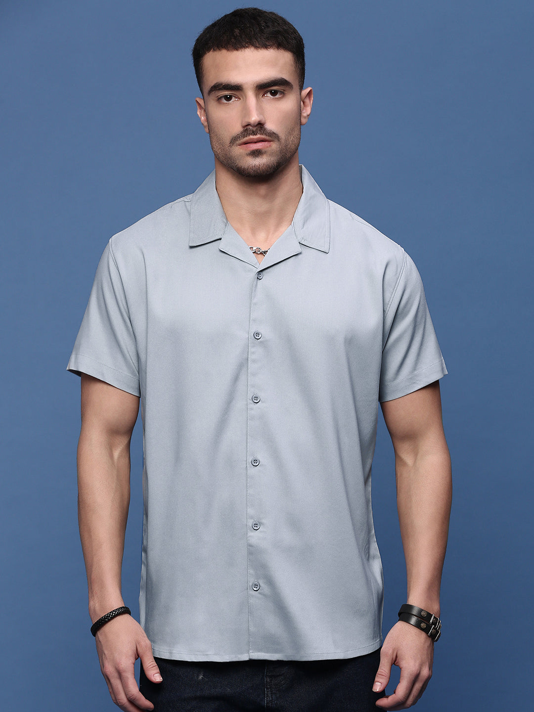 Men Grey Solid Cuban Collar Shirt