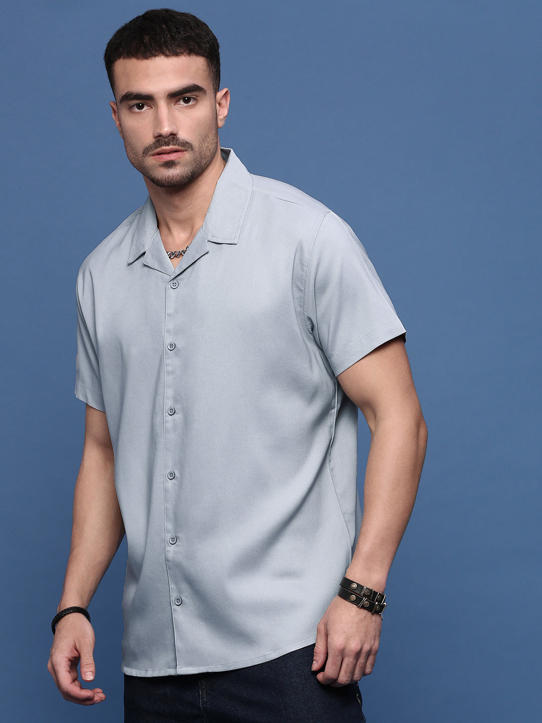 Men Grey Solid Cuban Collar Shirt