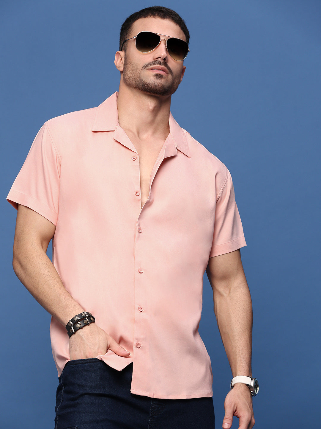 Men Peach Solid Cuban Collar Shirt