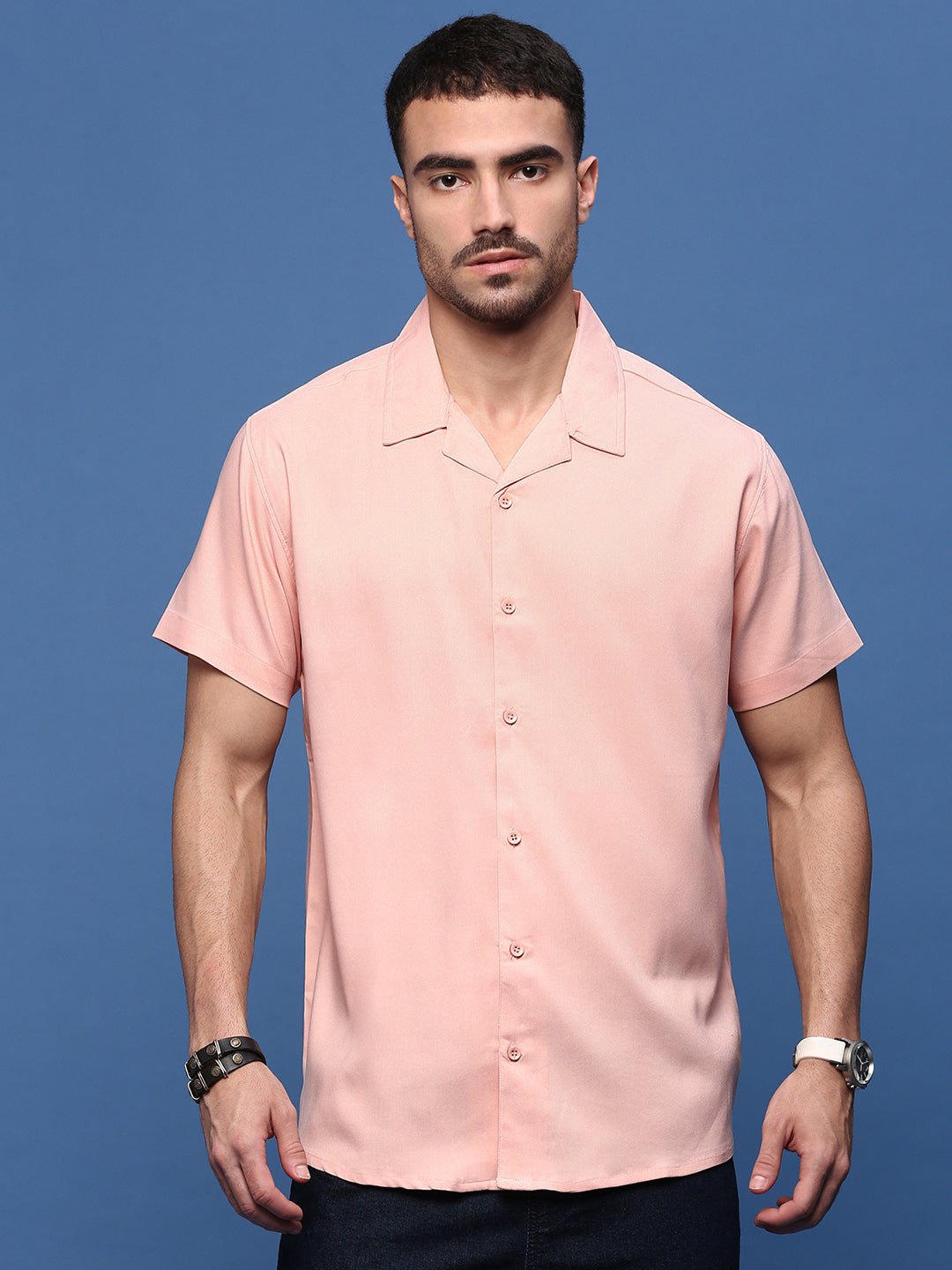 Men Peach Solid Cuban Collar Shirt