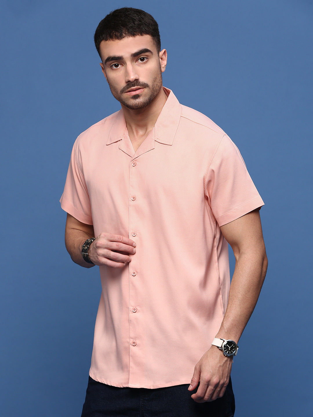 Men Peach Solid Cuban Collar Shirt