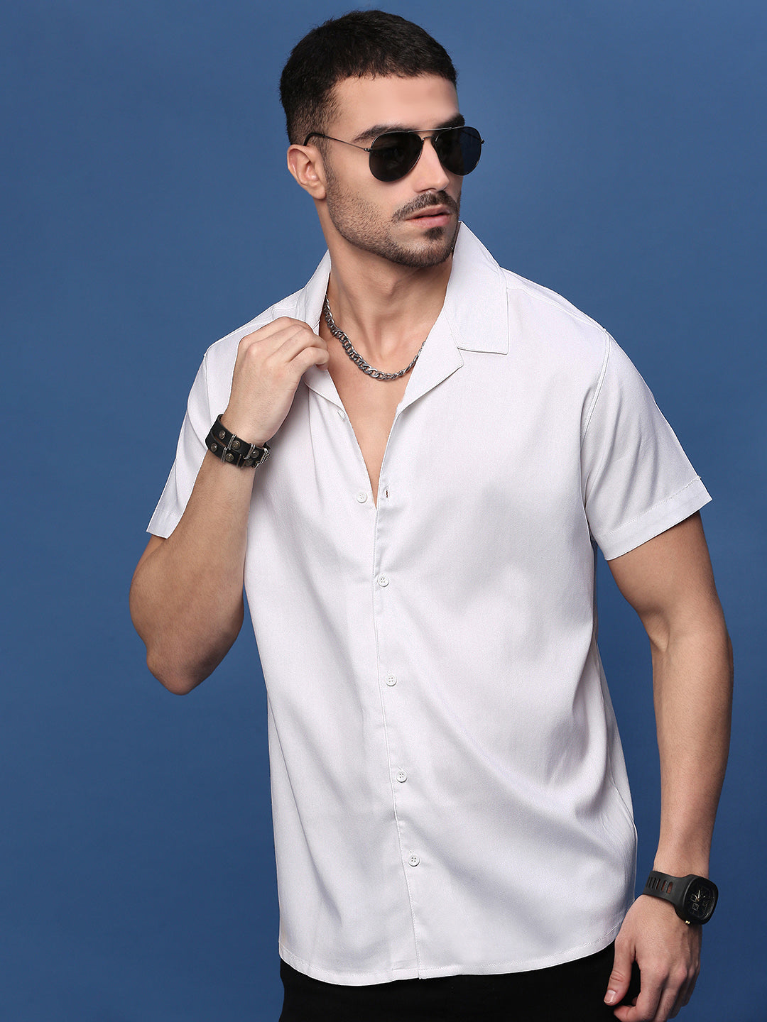 Men White Solid Cuban Collar Shirt