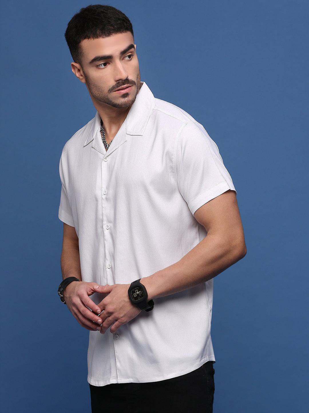 Men White Solid Cuban Collar Shirt