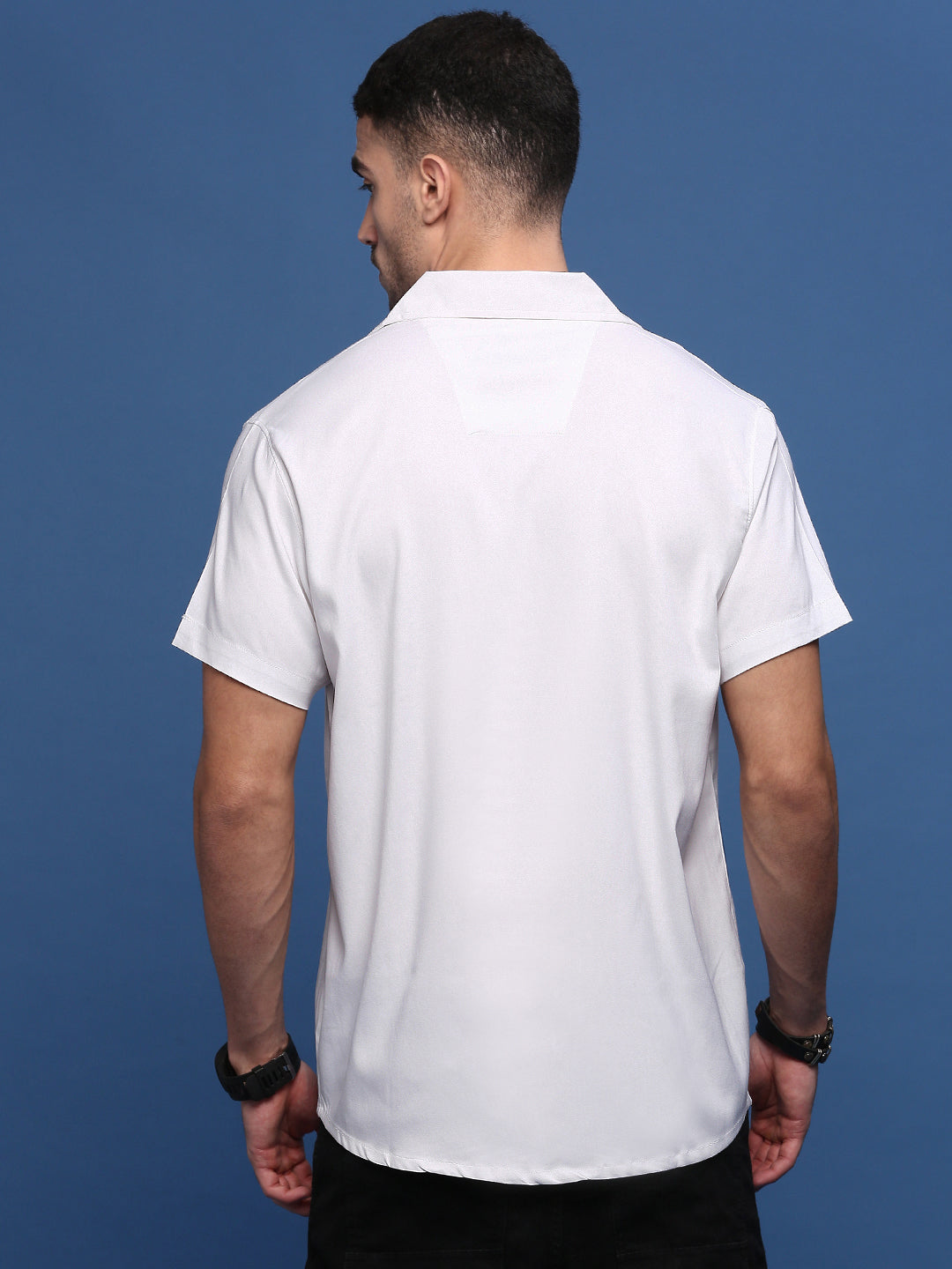 Men White Solid Cuban Collar Shirt