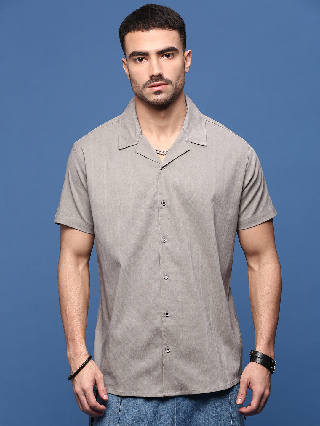 Men Grey Solid Cuban Collar Shirt