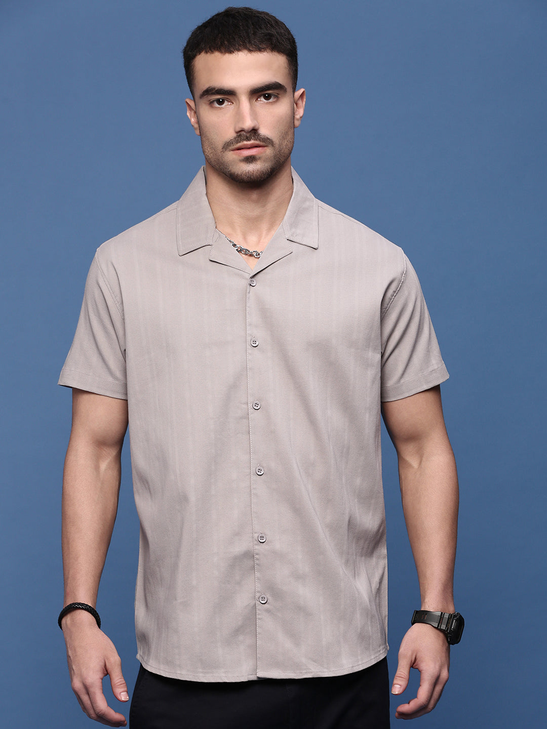 Men Grey Solid Cuban Collar Shirt