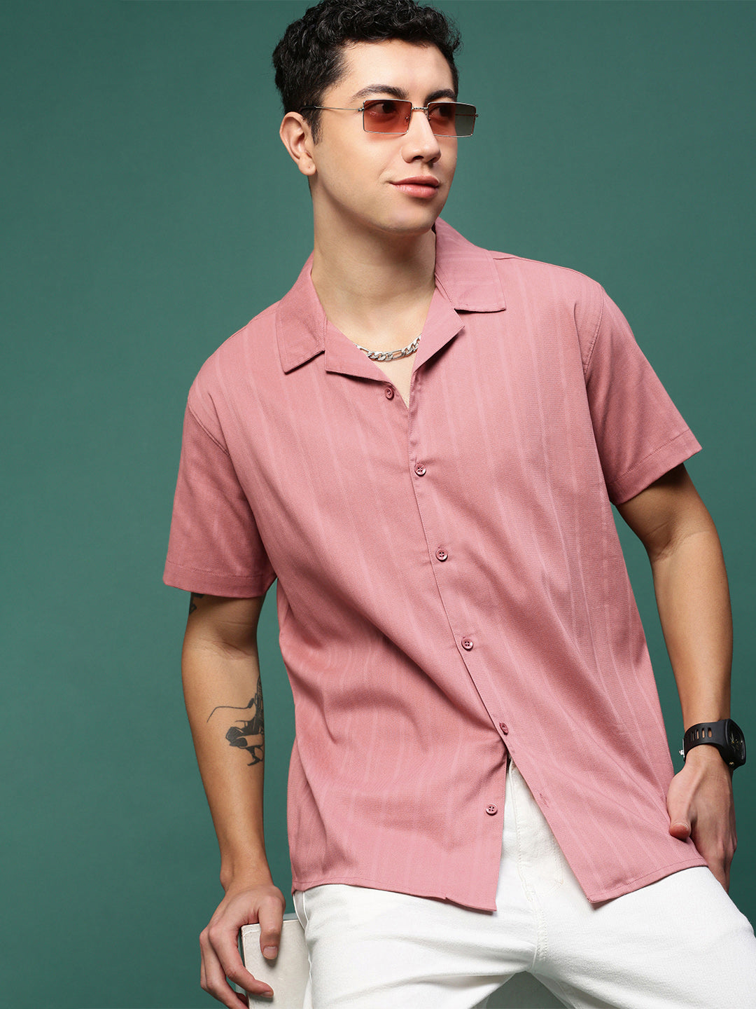 Men Mauve Solid Cuban Collar Shirt