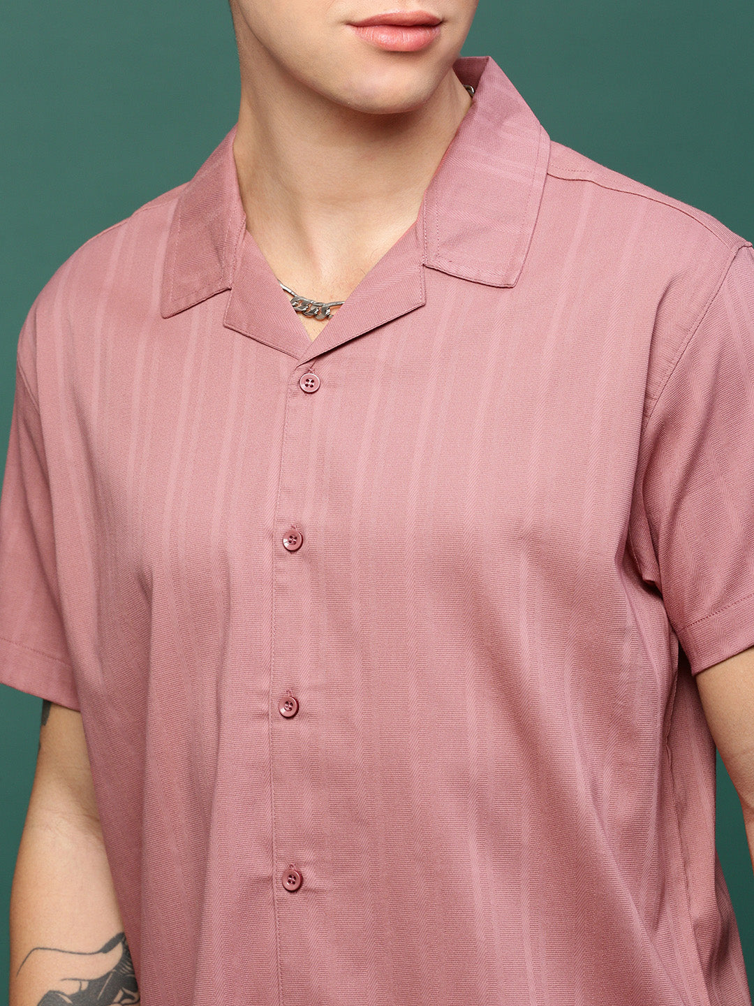 Men Mauve Solid Cuban Collar Shirt