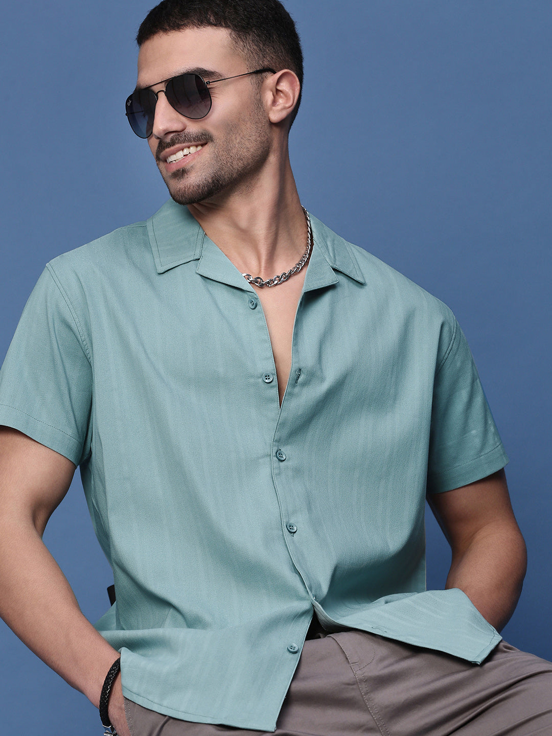 Men Turquoise Blue Solid Cuban Collar Shirt