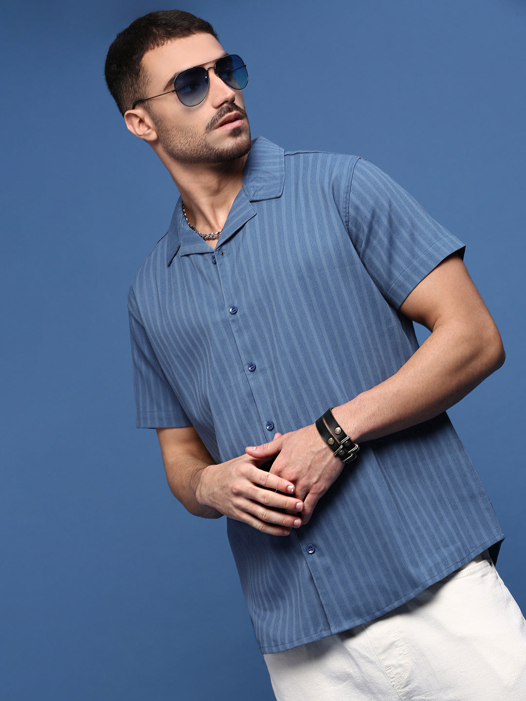 Men Blue Solid Cuban Collar Shirt