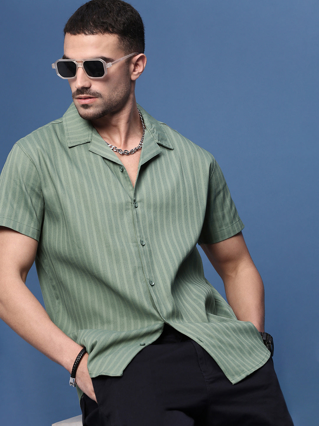 Men Green Solid Cuban Collar Shirt