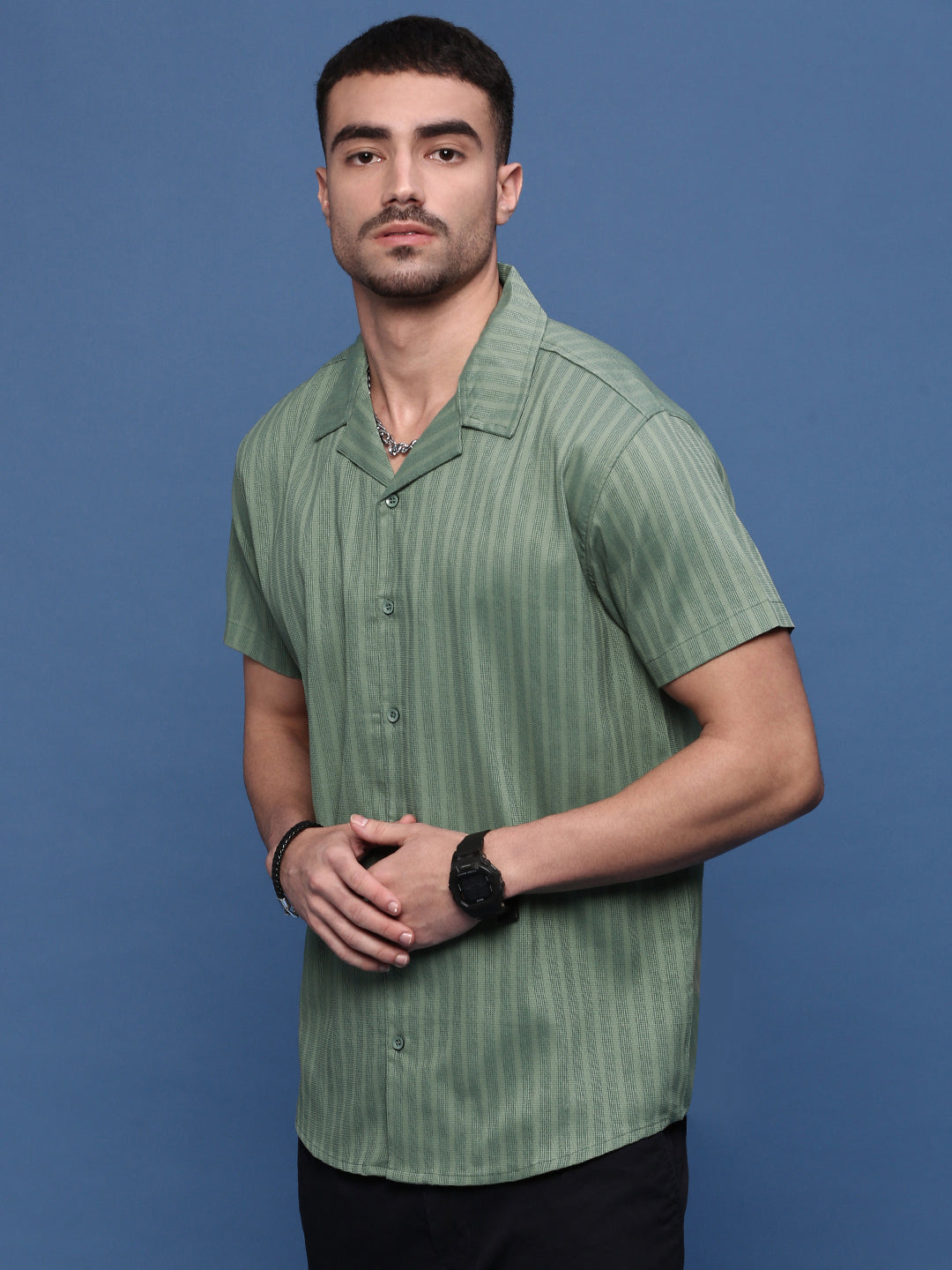 Men Green Solid Cuban Collar Shirt