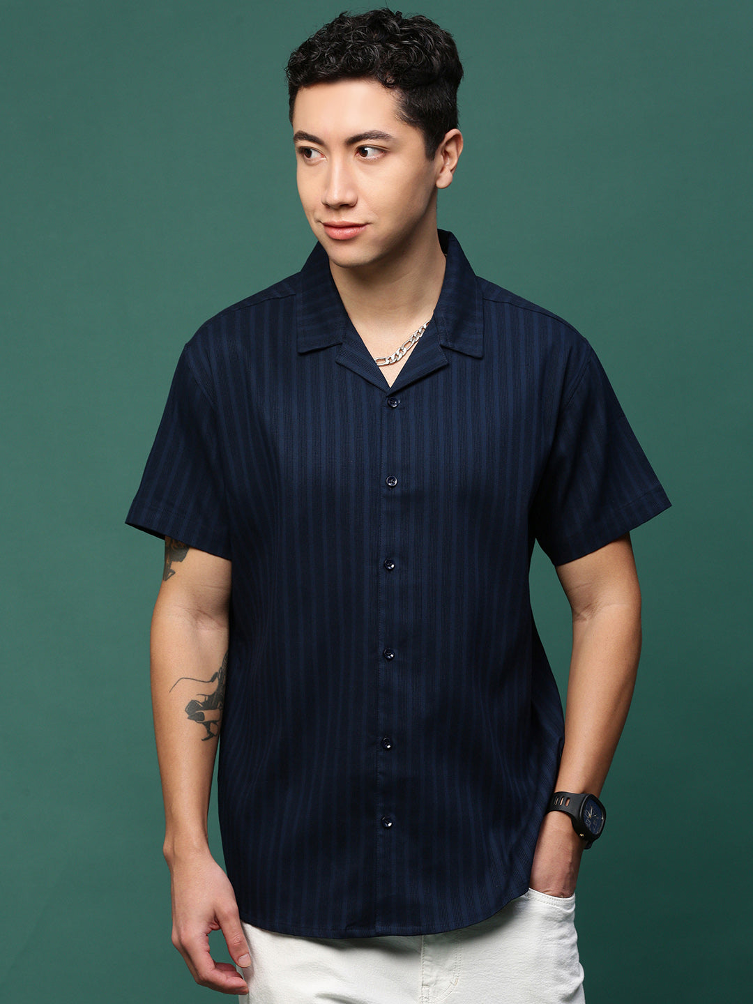 Men Navy Blue Solid Cuban Collar Shirt