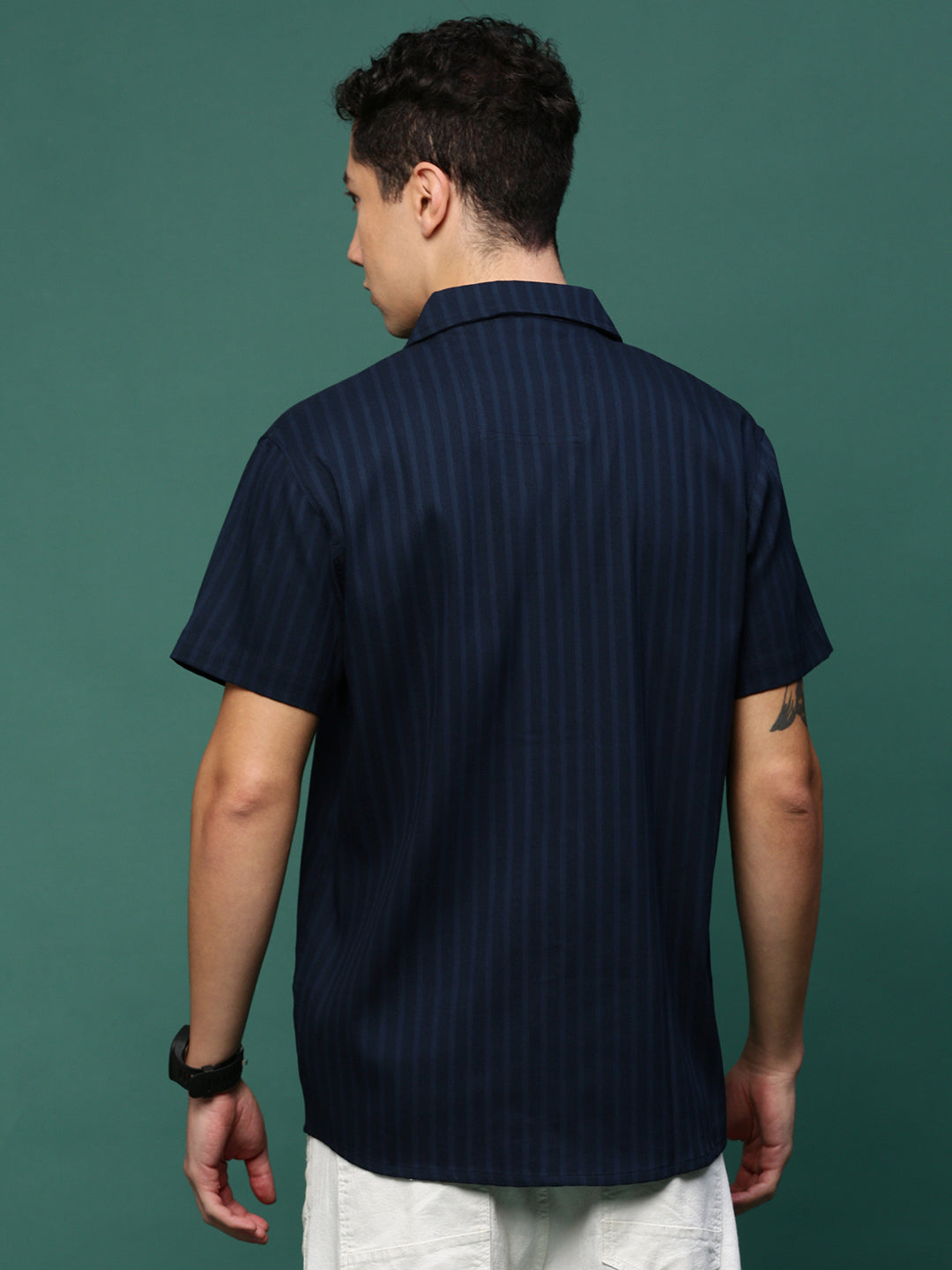 Men Navy Blue Solid Cuban Collar Shirt