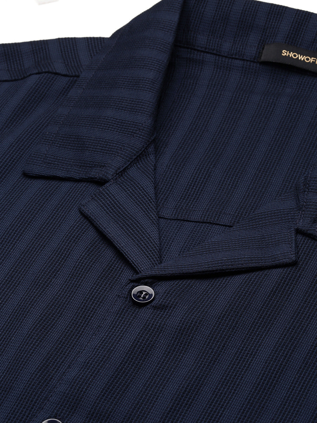 Men Navy Blue Solid Cuban Collar Shirt