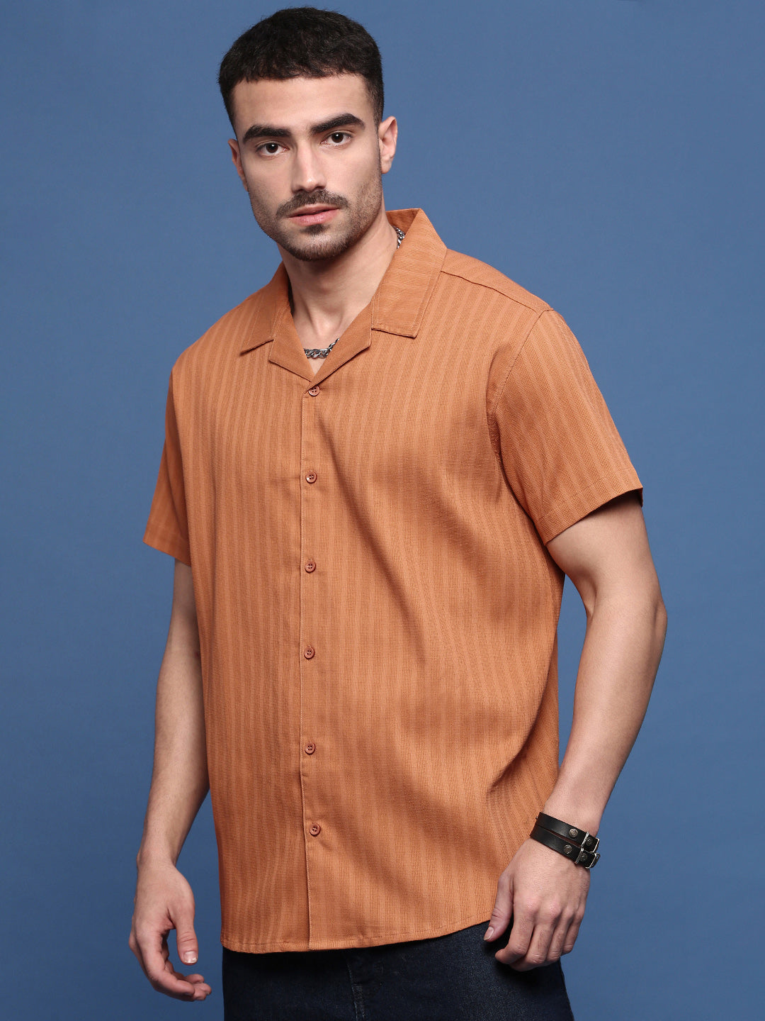 Men Orange Solid Cuban Collar Shirt