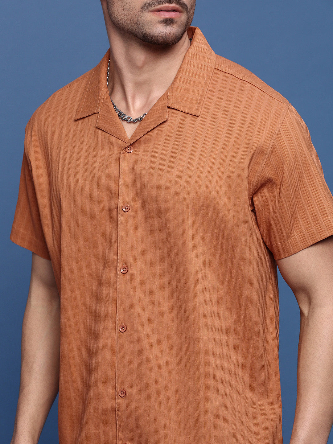 Men Orange Solid Cuban Collar Shirt