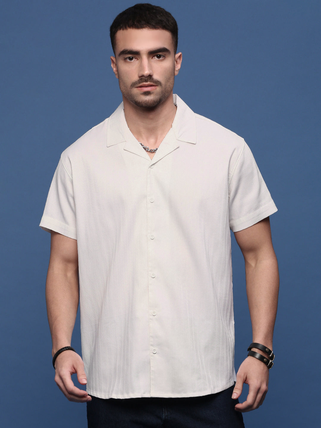 Men White Solid Cuban Collar Shirt