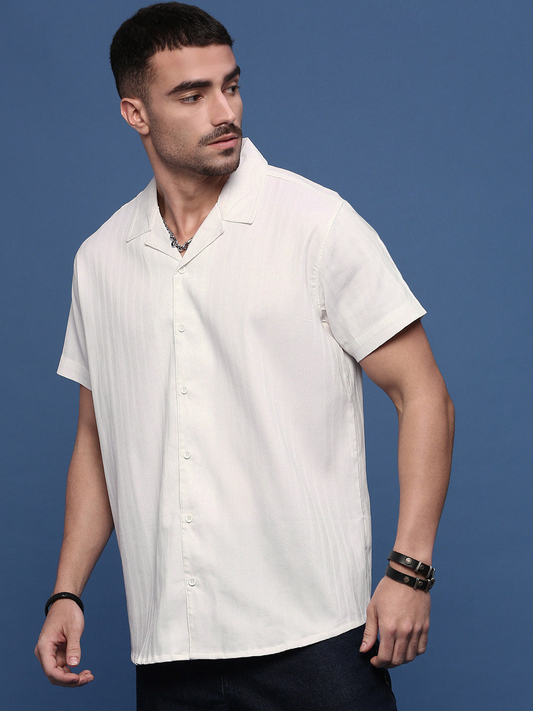 Men White Solid Cuban Collar Shirt