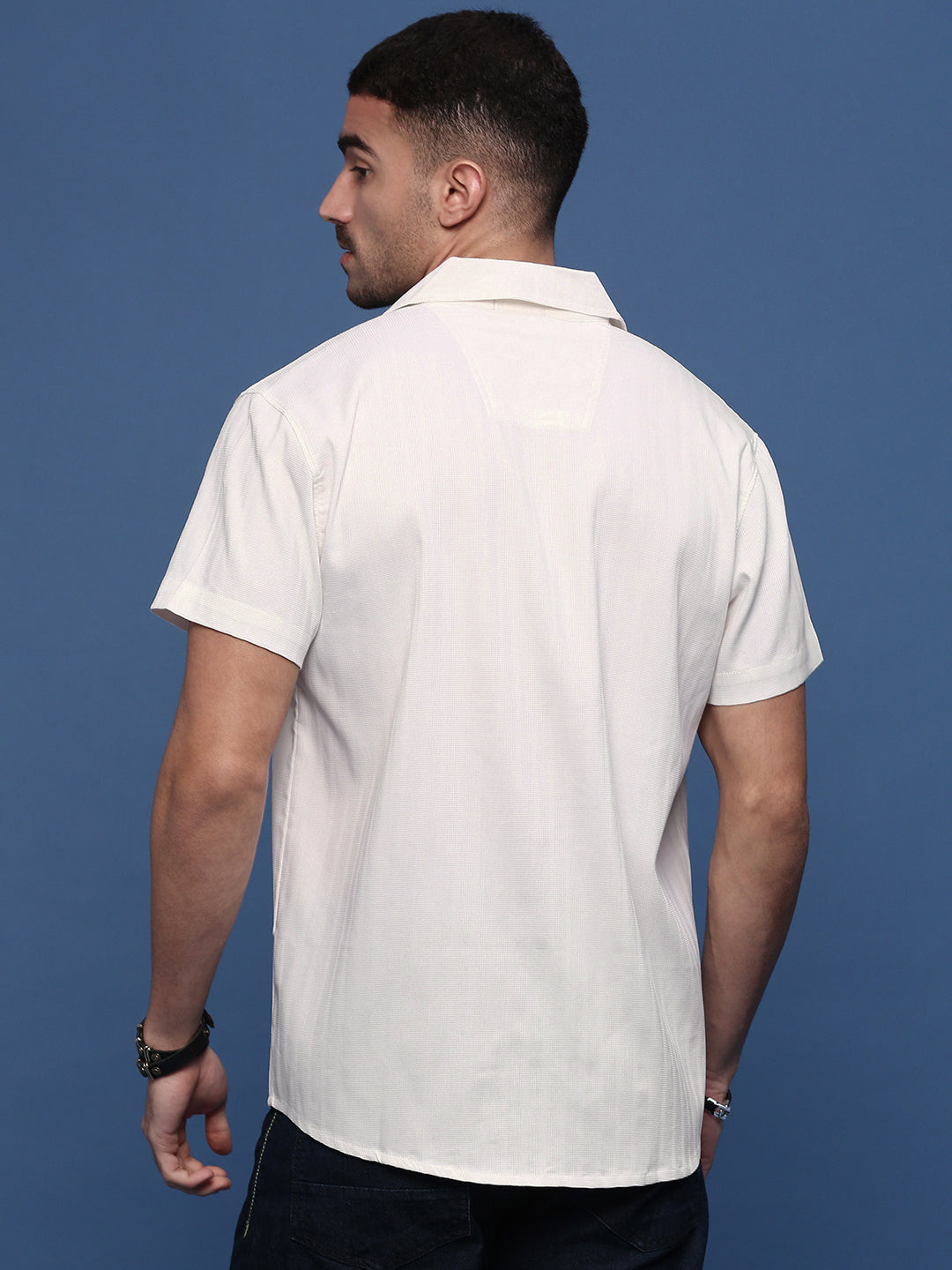 Men White Solid Cuban Collar Shirt