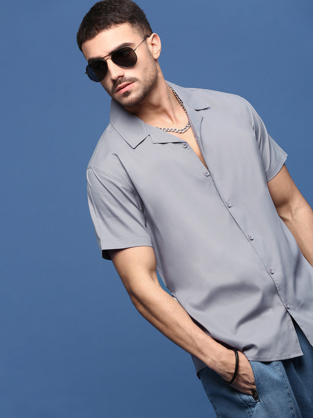 Men Grey Solid Cuban Collar Shirt