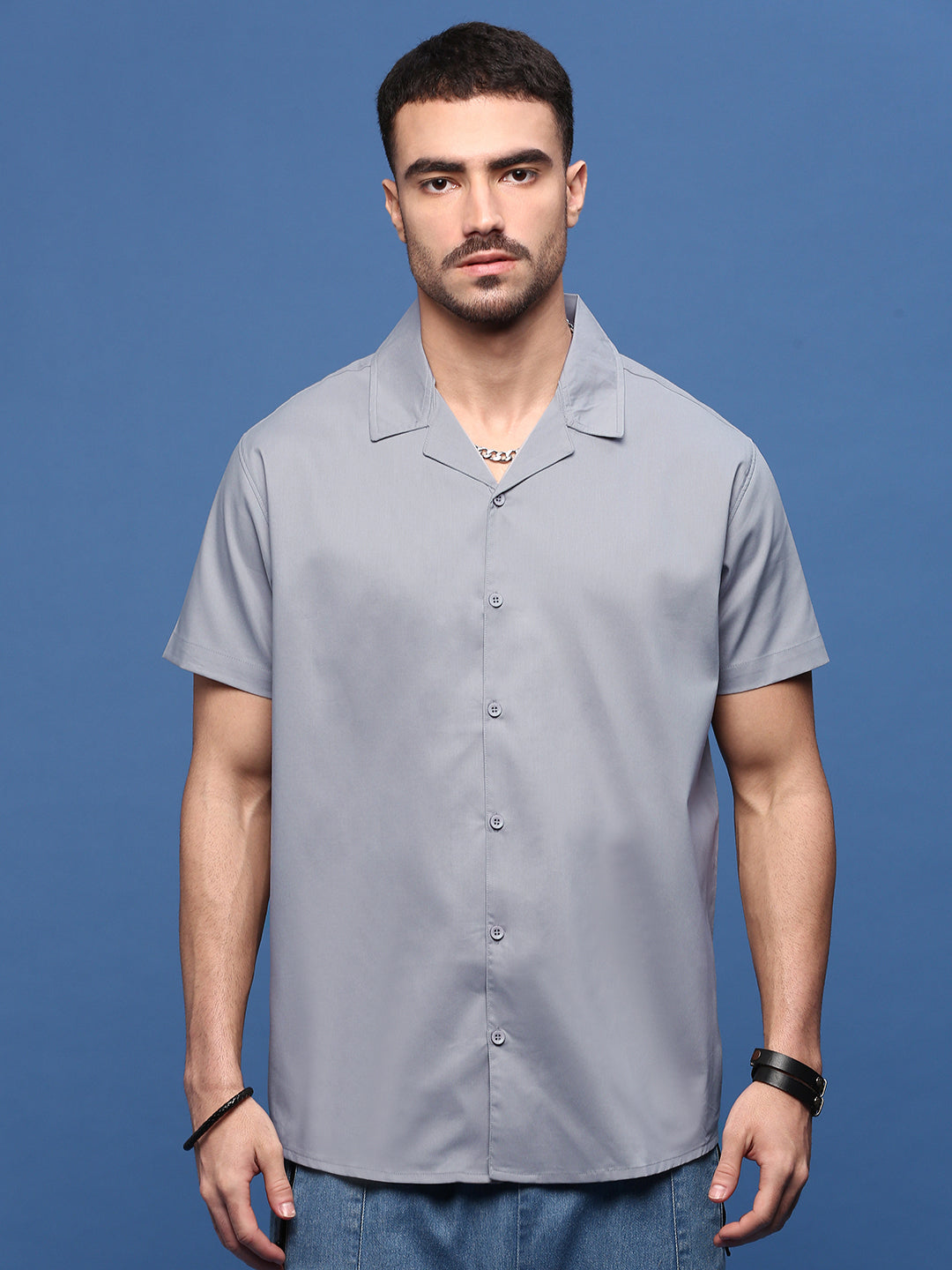 Men Grey Solid Cuban Collar Shirt