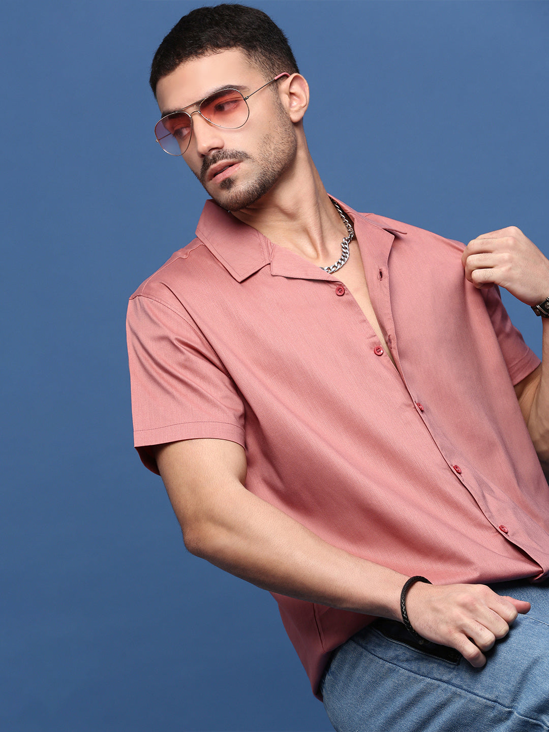 Men Peach Solid Cuban Collar Shirt