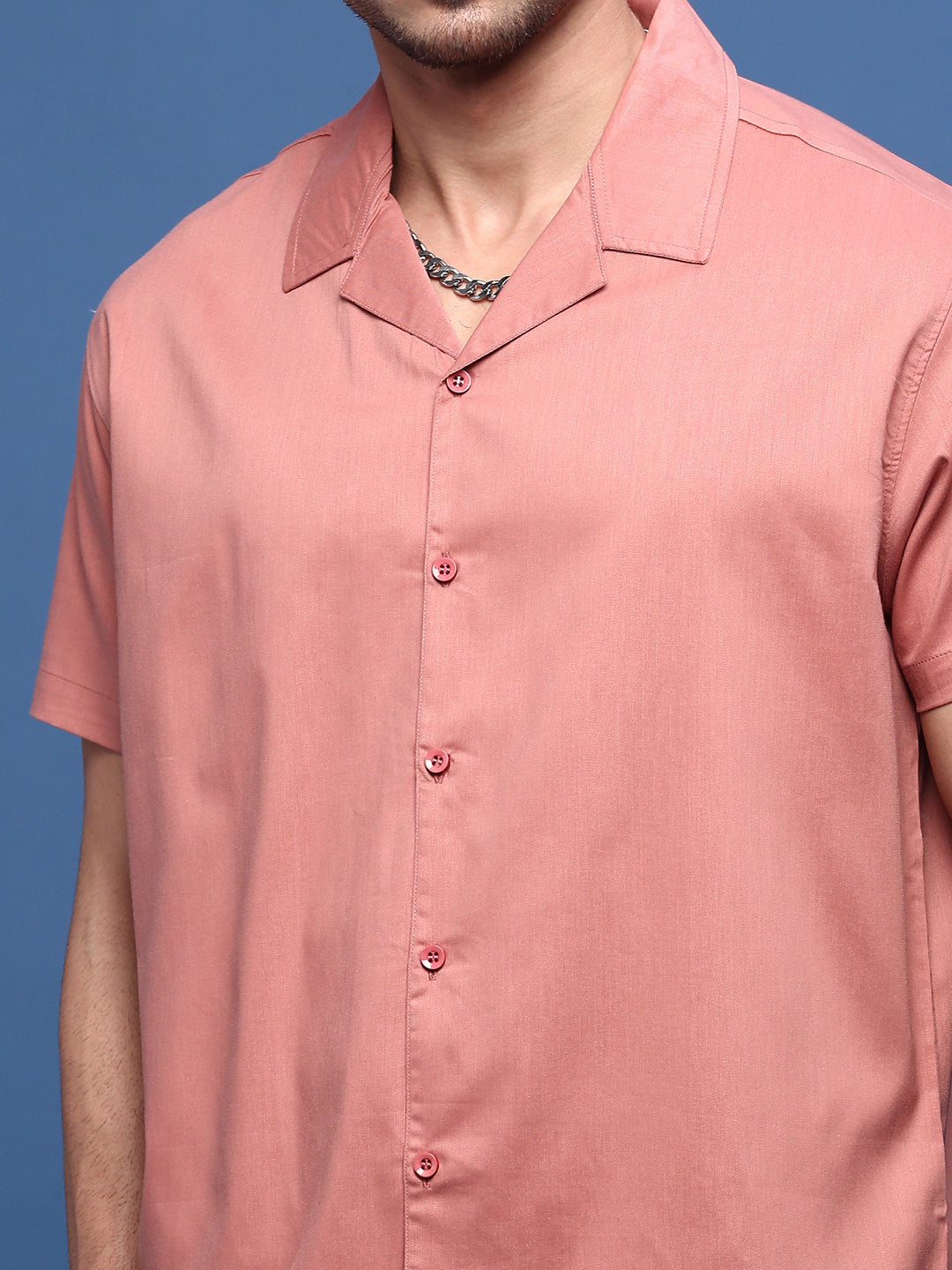 Men Peach Solid Cuban Collar Shirt