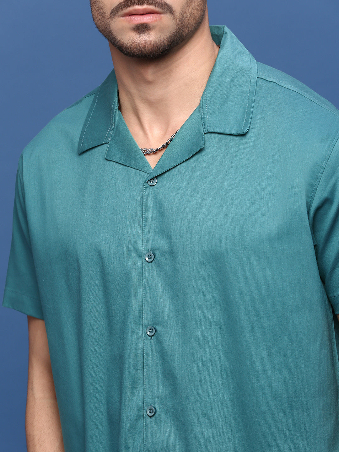 Men Teal Solid Cuban Collar Shirt