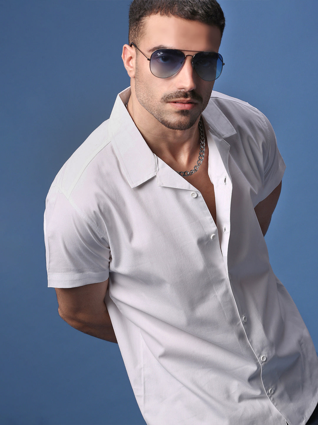 Men White Solid Cuban Collar Shirt