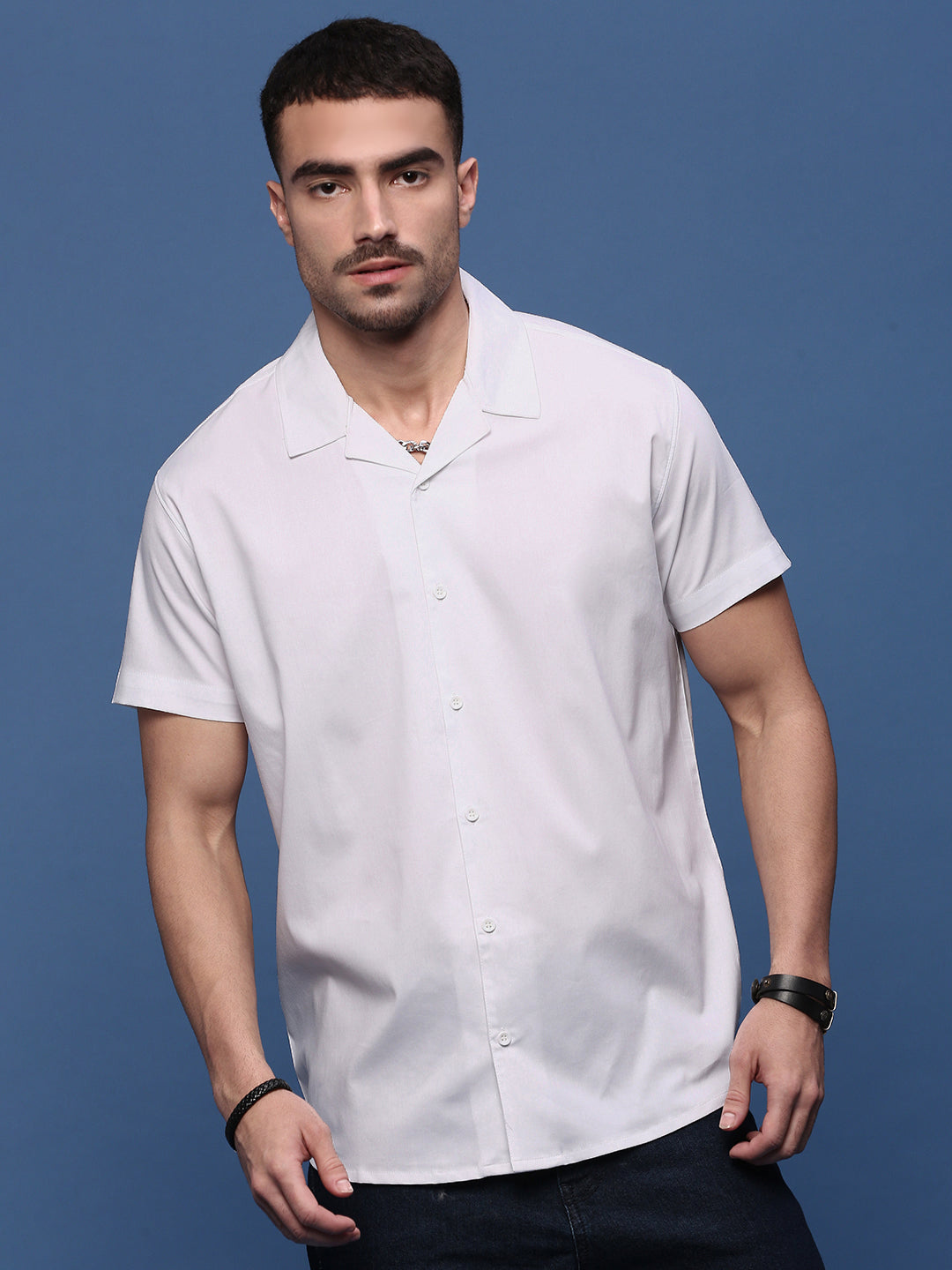 Men White Solid Cuban Collar Shirt