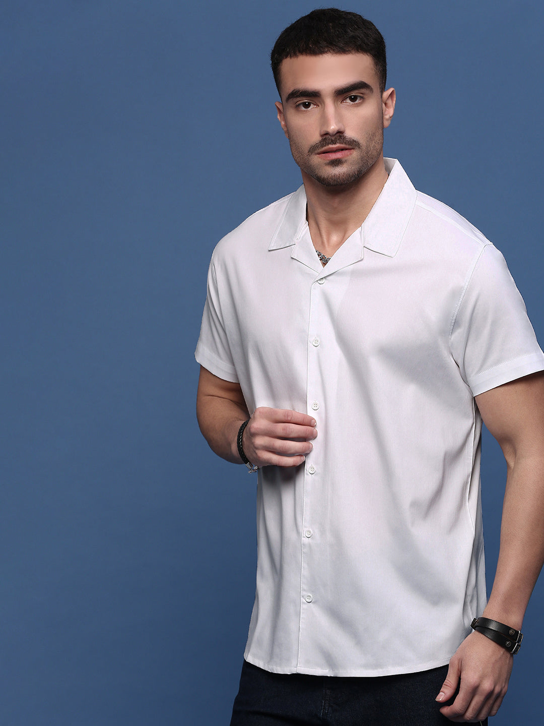 Men White Solid Cuban Collar Shirt