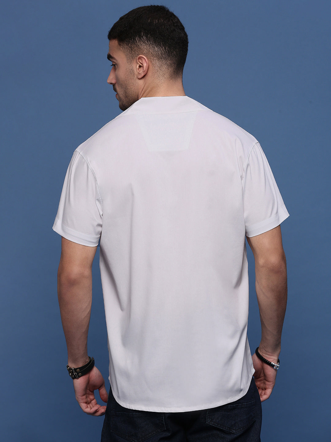 Men White Solid Cuban Collar Shirt