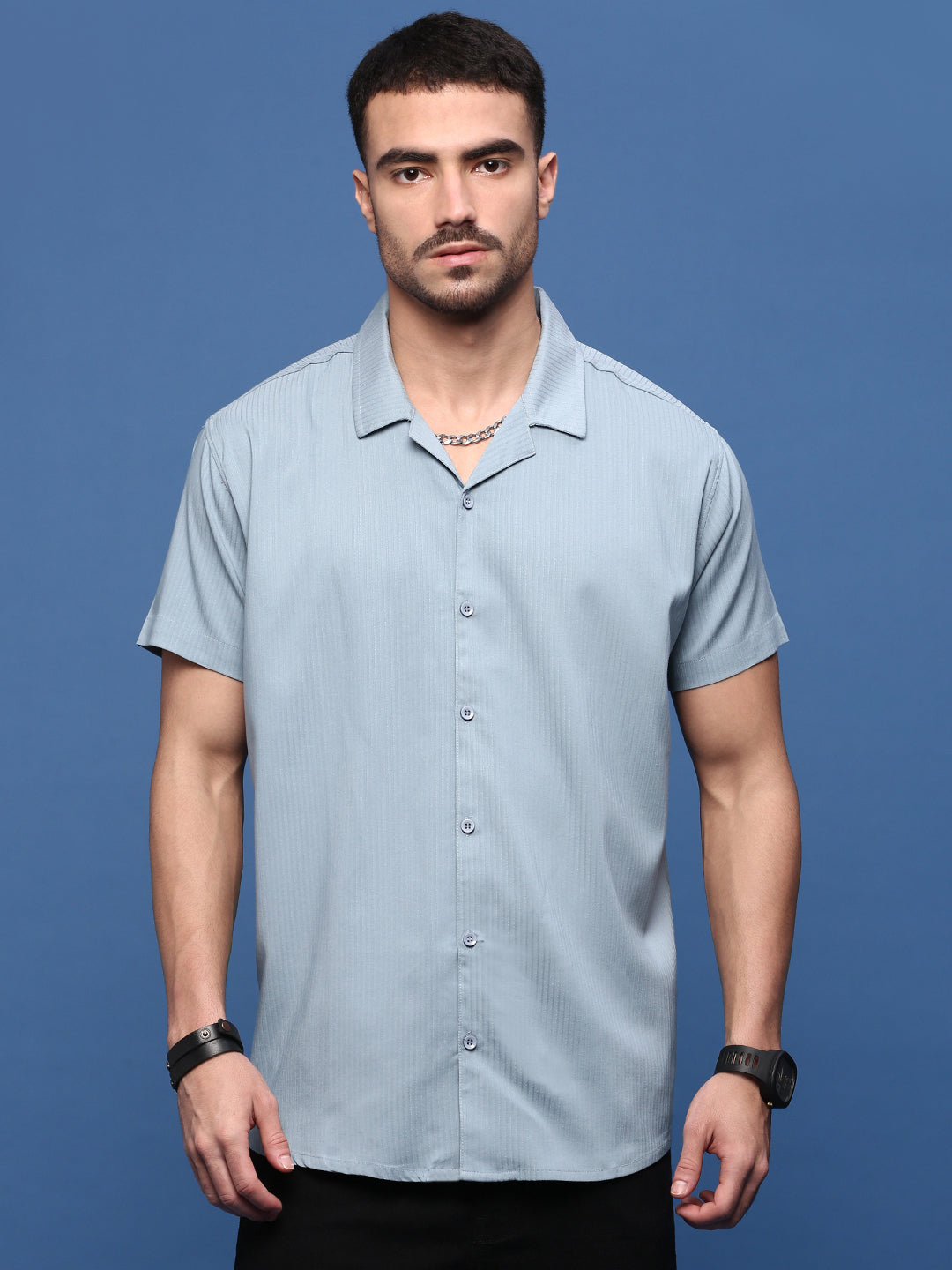 Men Blue Cuban Collar Shirt